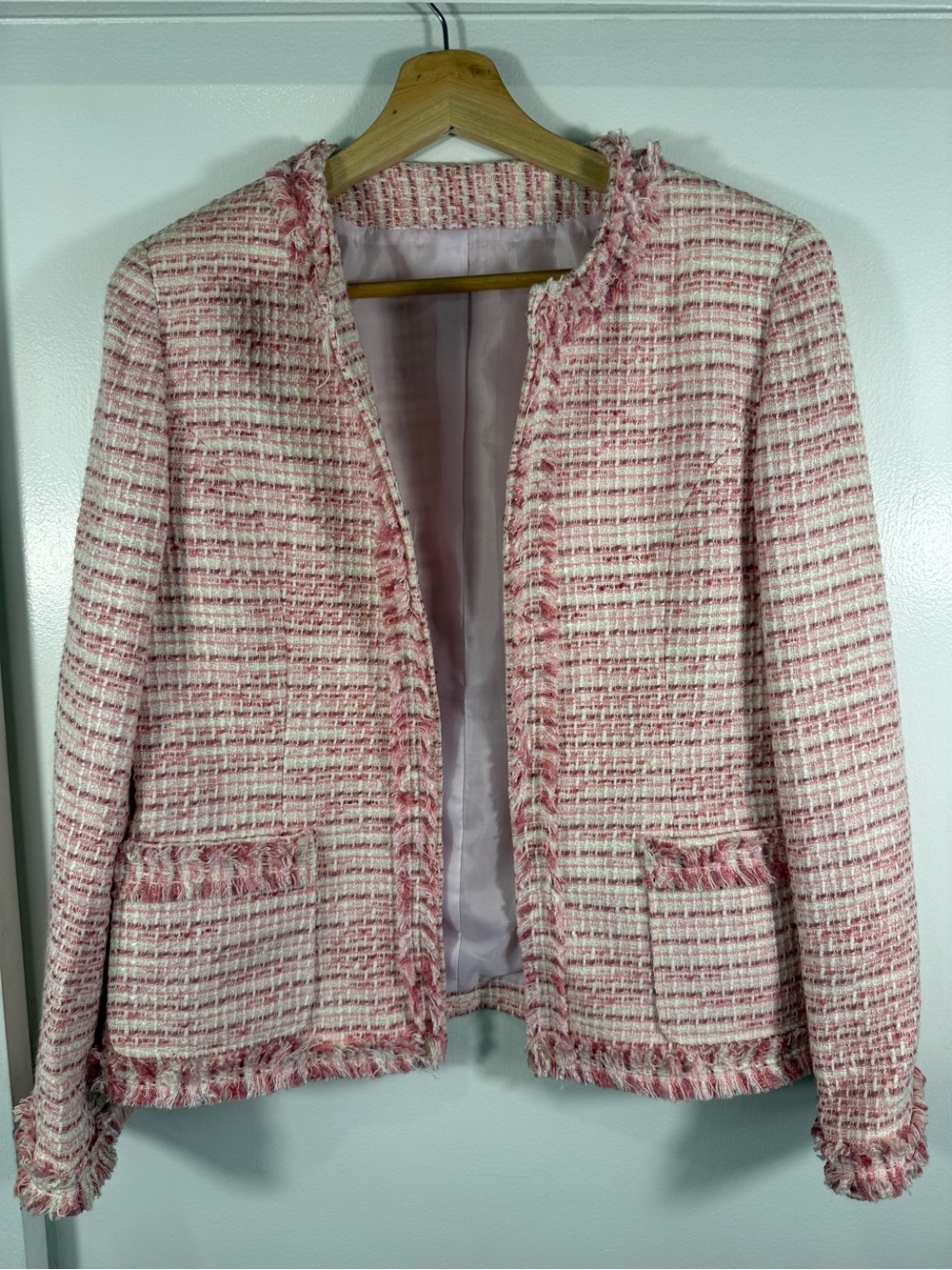 Pink Tweed Fringe Open-Front Jacket